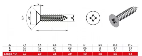 DIN 7982 Süllyesztett fejű kereszthornyos lemezcsavar, A2, Rozsdamentes, 2,9x6,5