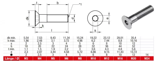 DIN 7991 Süllyesztett fejű belső kulcsnyilású csavar, A2, Rozsdamentes, M 4x6