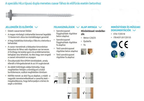 Szendvicspanel csavar, horganyzott 6,3x205-210/19 EPDM alátéttel fához és betonhoz