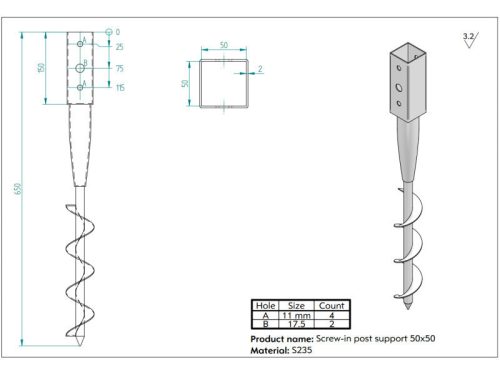 Talajcsavar zártszelvényekhez 50x50x650