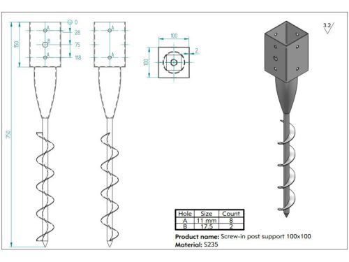 Talajcsavar zártszelvényekhez 100x100x750