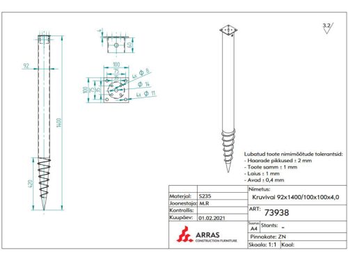 Talajcsavar négyszögletű talpas fejjel 92x1400 - 100x100 fejméret